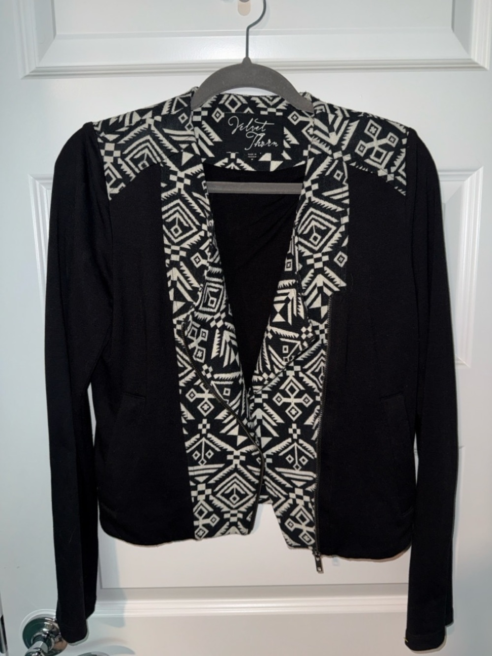 Velvet Thirn Black Aztec-Trim Open Front Jacket